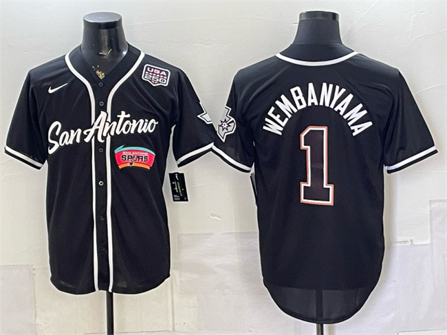Men's Black San Antonio Spurs #1 Victor Wembanyama USA 250' Patch Stitched Baseball Jersey